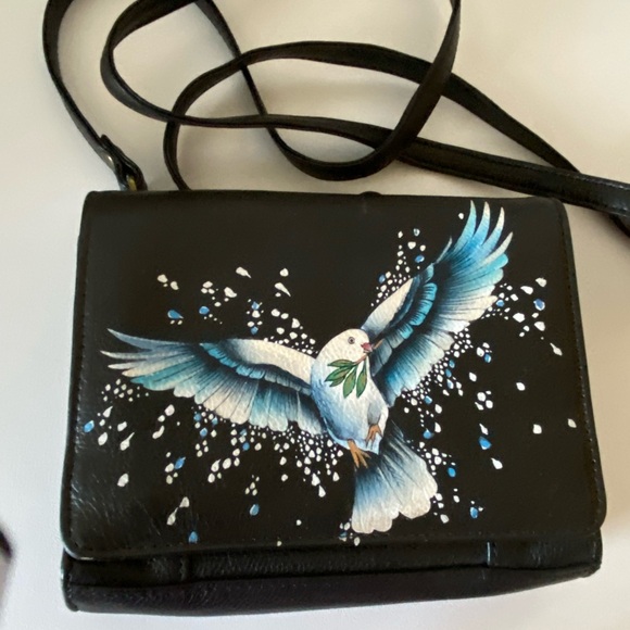 Anuschka Black Crossbody Bag with Blue Bird Design - Picture 3 of 5